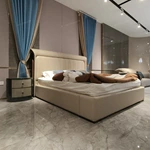 Curved-Top Leather Bed with Channel Tufting and High-Gloss Wooden Side Panels